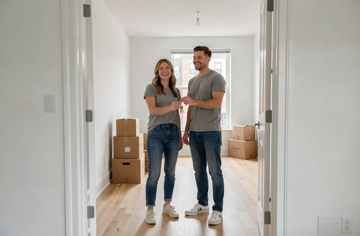 Couple emménageant dans un nouvel appartement vide avec des clés à la main