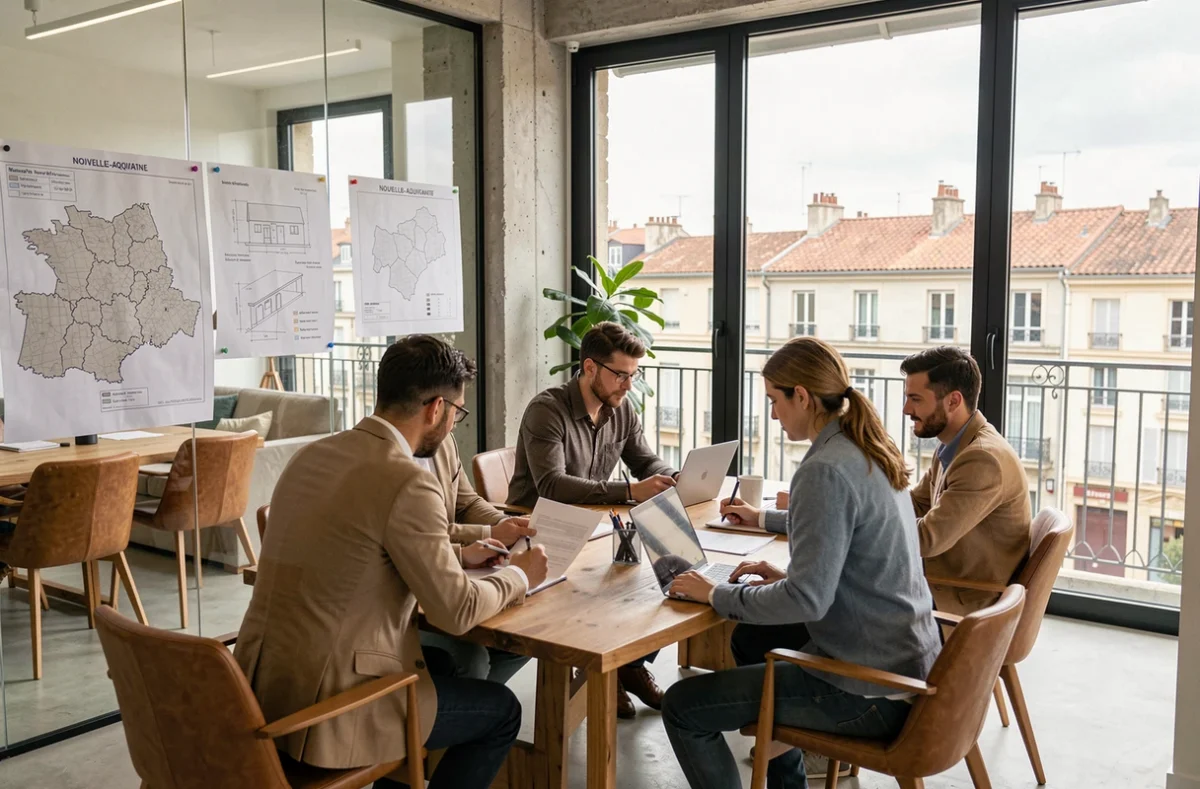 Équipe de courtiers en prêt immobilier travaillant ensemble dans un bureau moderne en Nouvelle-Aquitaine