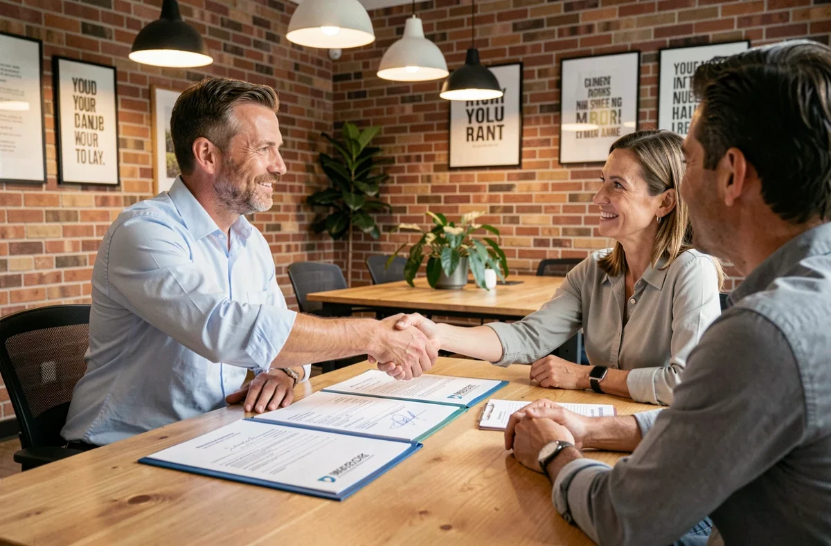 Courtier Crédipro finalisant un accord de crédit immobilier avec un couple de clients dans un bureau de courtage régional moderne