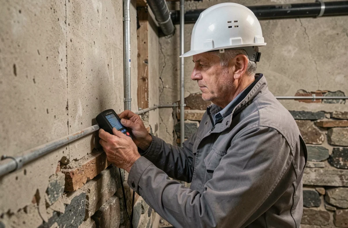 Technicien en bâtiment inspectant l'humidité d'un mur en sous-sol d'une maison ancienne pour DCSA