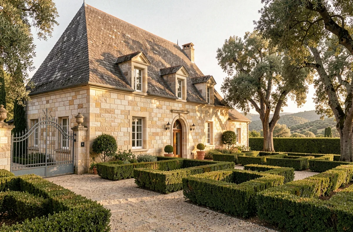 Demeure de prestige de style manoir occitan construite par Demeures d'Occitanie près de Montpellier, avec façade en pierre de taille, portail en fer forgé et jardin à la française
