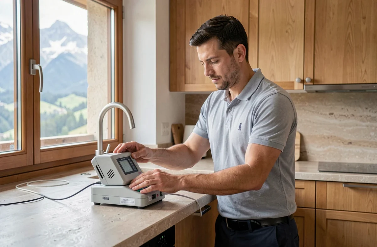 Technicien calibrant un appareil de mesure du radon dans une cuisine de montagne en Haute-Savoie pour Diag Precision 74