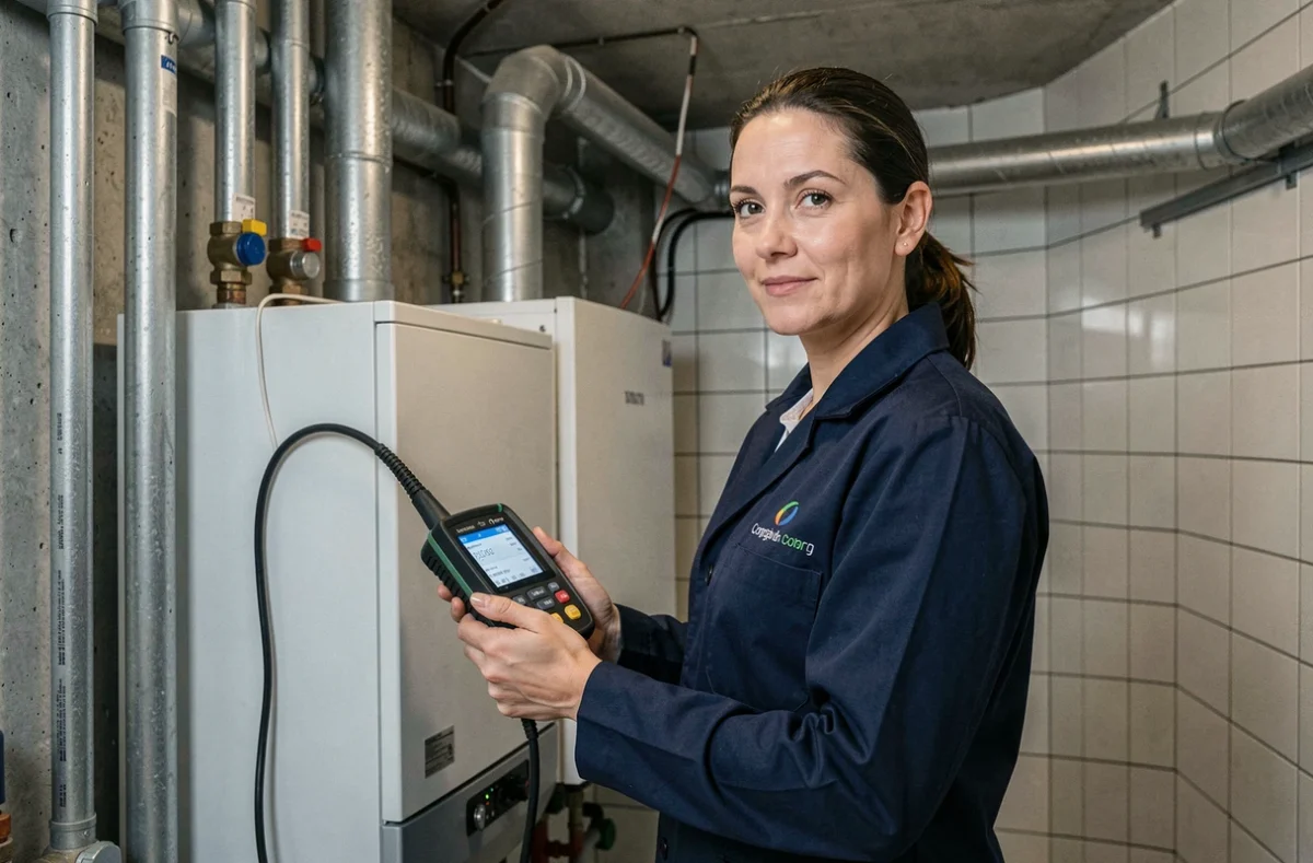Diagnosticienne immobilière mesurant les émissions de gaz près d'une chaudière dans un immeuble résidentiel pour Diagamter Haute-Savoie