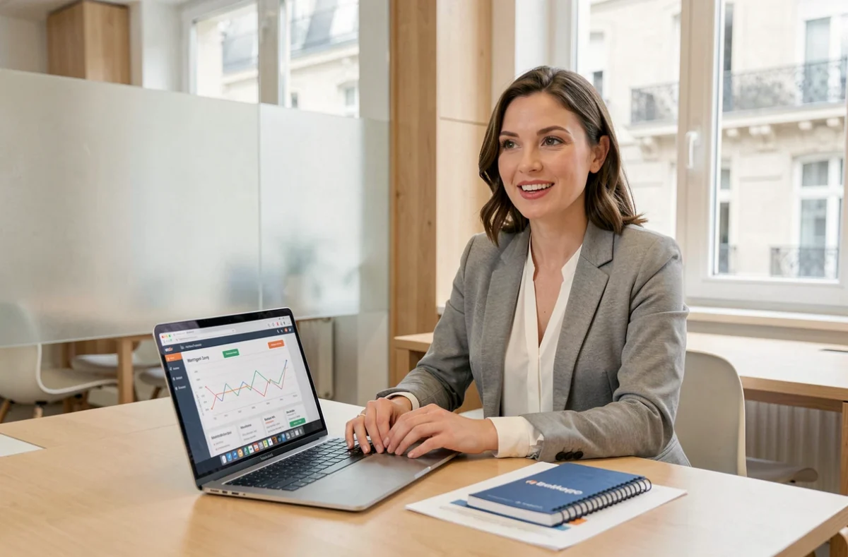 Conseillère Empruntis en train de comparer des offres de prêt immobilier sur un ordinateur portable dans un espace de travail moderne