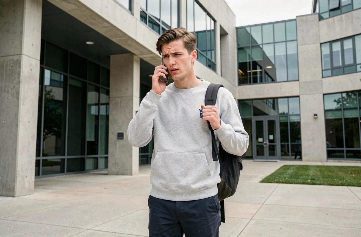 Étudiant en train d'appeler son assurance responsabilité civile devant son université