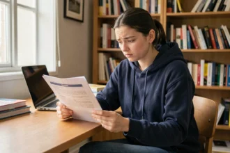 Étudiante lisant un contrat d'assurance responsabilité civile dans son appartement