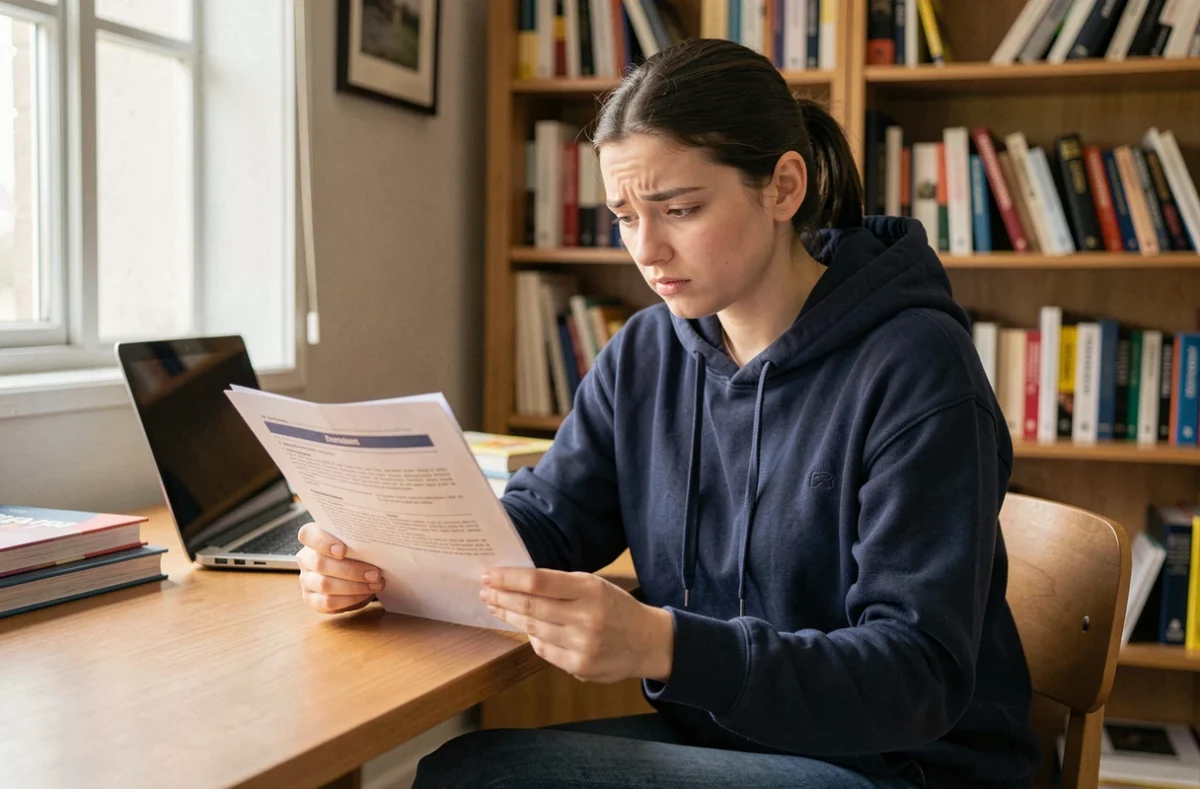 Étudiante lisant un contrat d'assurance responsabilité civile dans son appartement