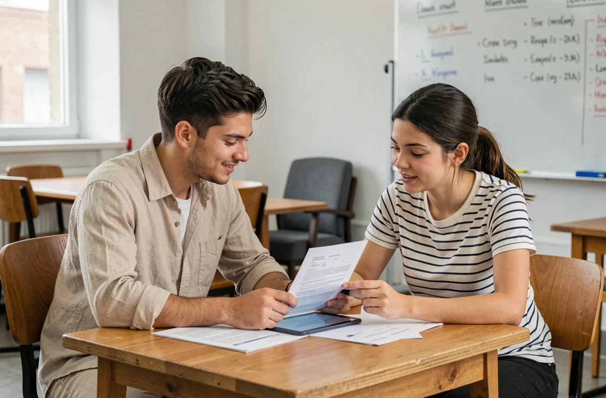 Deux étudiants consultant ensemble leur assurance responsabilité civile sur une tablette
