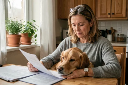 Femme consultant son contrat d'assurance habitation avec son chien golden retriever posé sur ses genoux dans une cuisine moderne