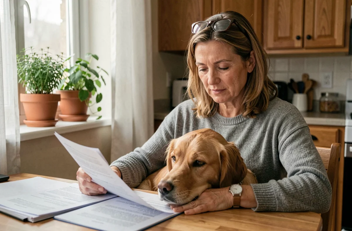 Femme consultant son contrat d'assurance habitation avec son chien golden retriever posé sur ses genoux dans une cuisine moderne