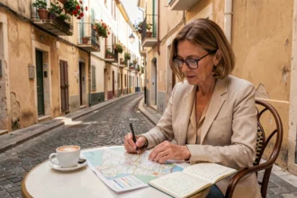 Femme consultant une carte de quartier à Montpellier en terrasse de café pour évaluer les avis locaux