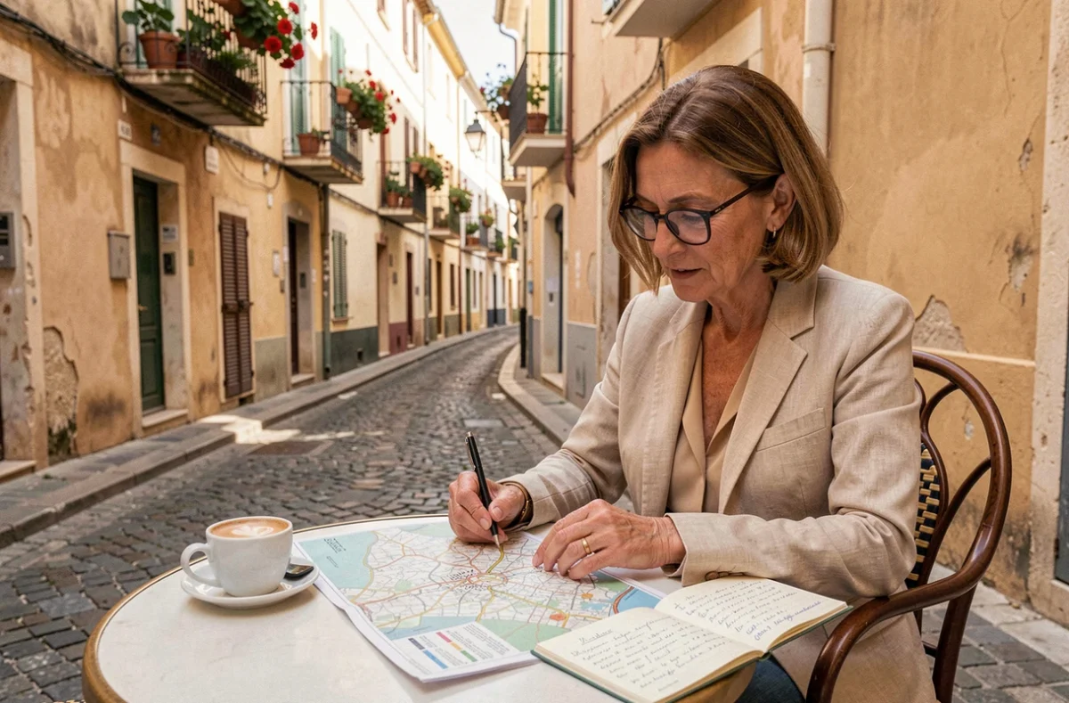 Femme consultant une carte de quartier à Montpellier en terrasse de café pour évaluer les avis locaux