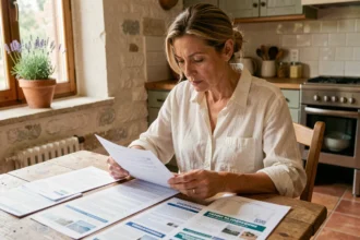 Femme comparant des offres d'assurance habitation à Avignon dans une maison provençale