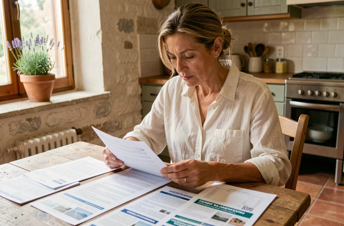 Femme comparant des offres d'assurance habitation à Avignon dans une maison provençale