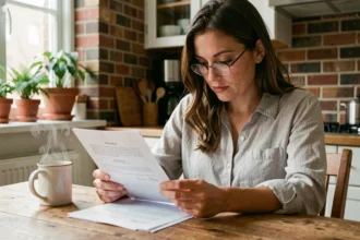Femme consultant un contrat d'assurance habitation à table dans son appartement