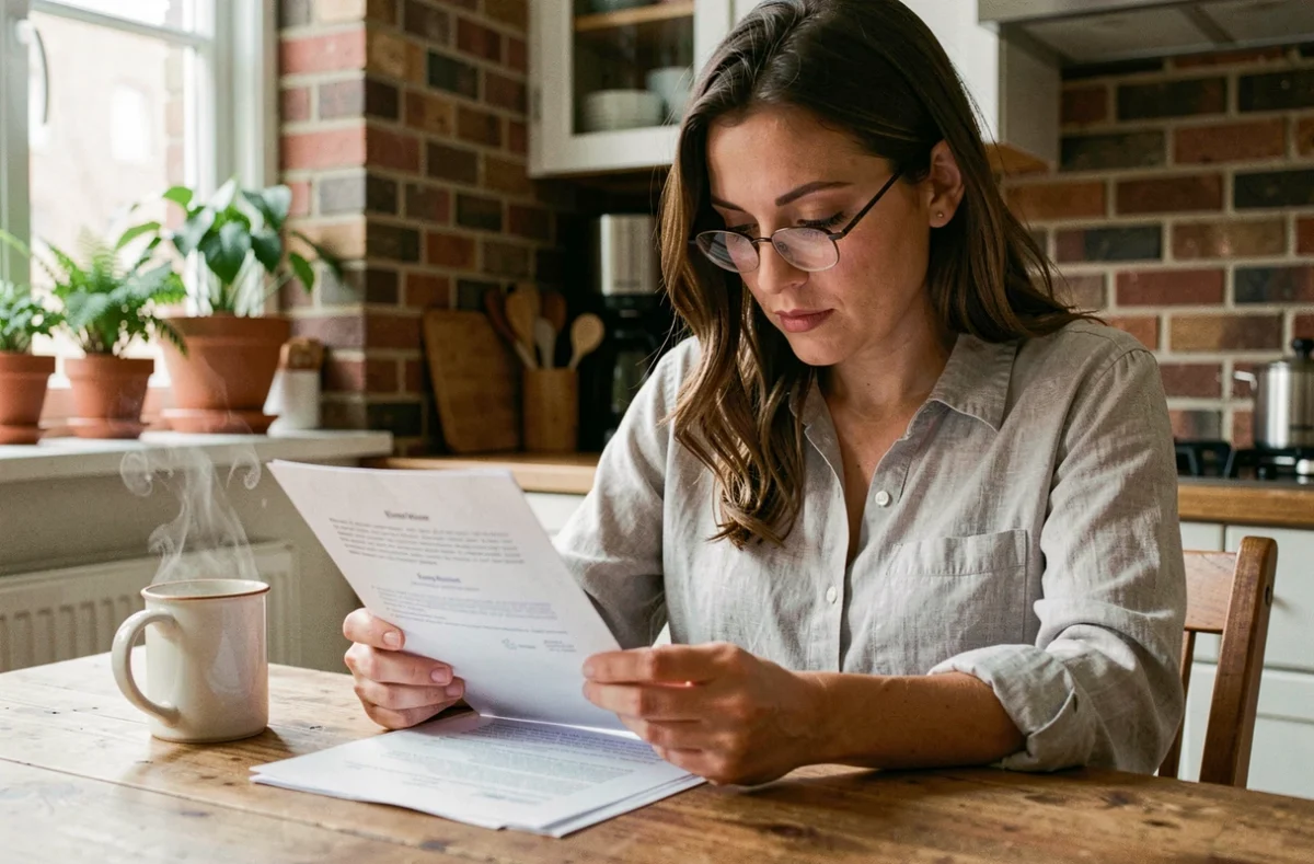 Femme consultant un contrat d'assurance habitation à table dans son appartement