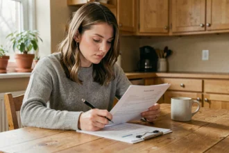 Femme consultant des documents d'assurance habitation à sa table de cuisine, stylo à la main, dans un intérieur chaleureux