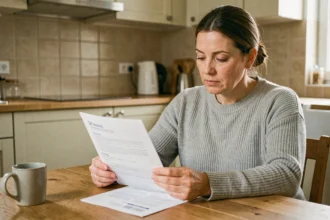 Femme lisant un contrat d'assurance habitation à la table de sa cuisine avant de le résilier