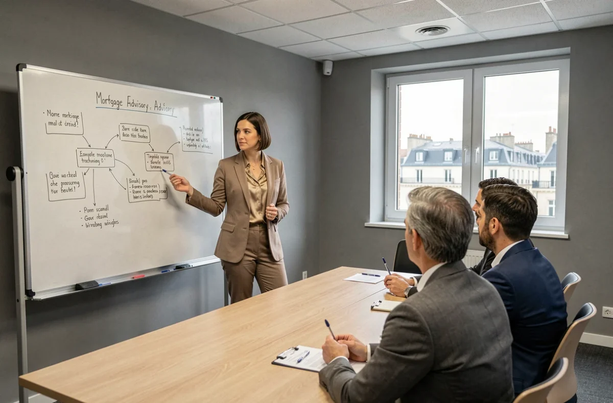 Conseillère Finance Conseil animant une présentation sur le conseil en financement immobilier dans une salle de réunion professionnelle
