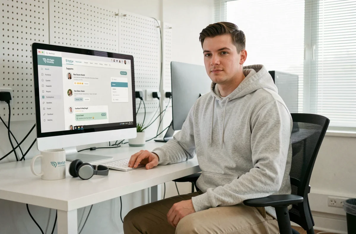 Conseiller Helloprêt en train d'accompagner un client en ligne via une interface de courtage numérique moderne
