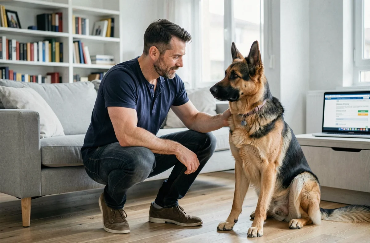 Homme avec son berger allemand dans un appartement moderne, comparaison d'assurances habitation sur ordinateur portable en arrière-plan