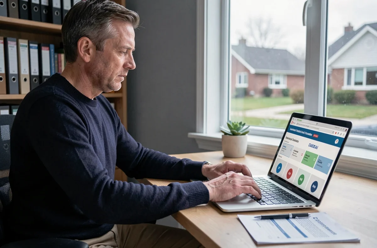 Homme comparant des offres d'assurance habitation sur ordinateur portable à son bureau