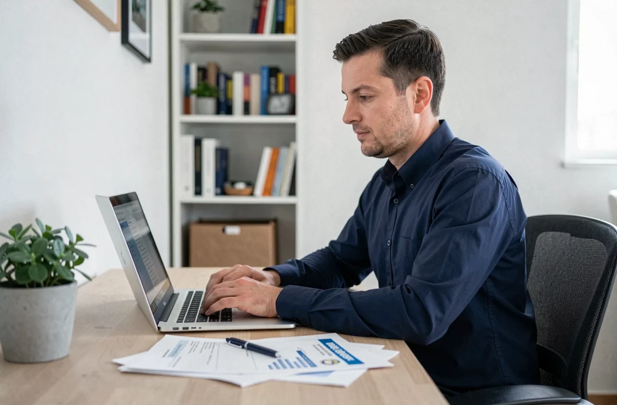 Homme résiliant son assurance habitation en ligne depuis son bureau à domicile