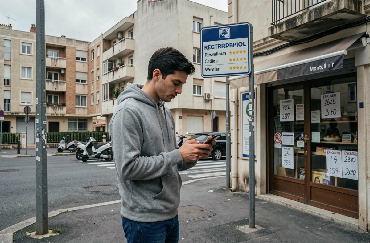 Jeune homme consultant des statistiques de quartier Montpellier sur smartphone dans une rue résidentielle
