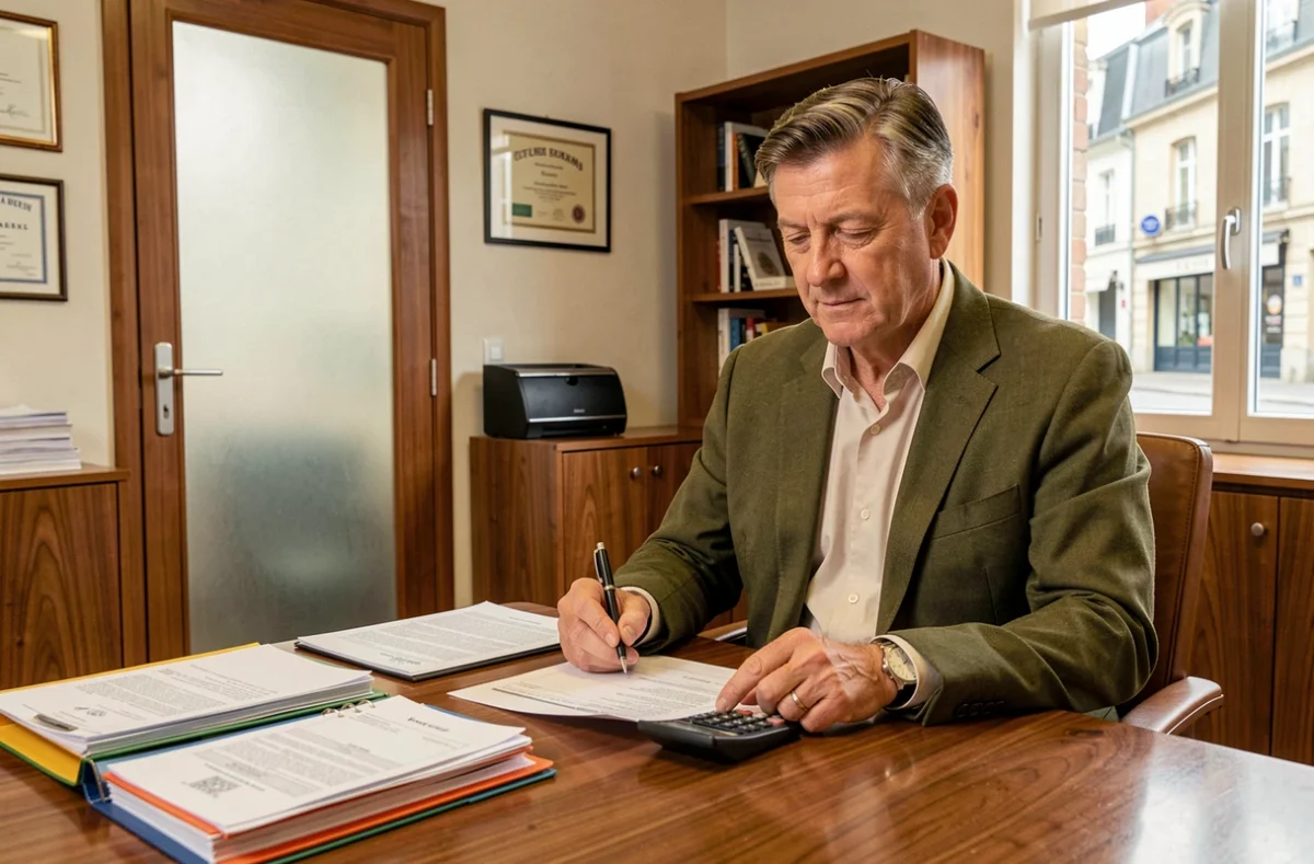 Conseiller Immofinances examinant un plan de financement immobilier dans un bureau de conseil régional