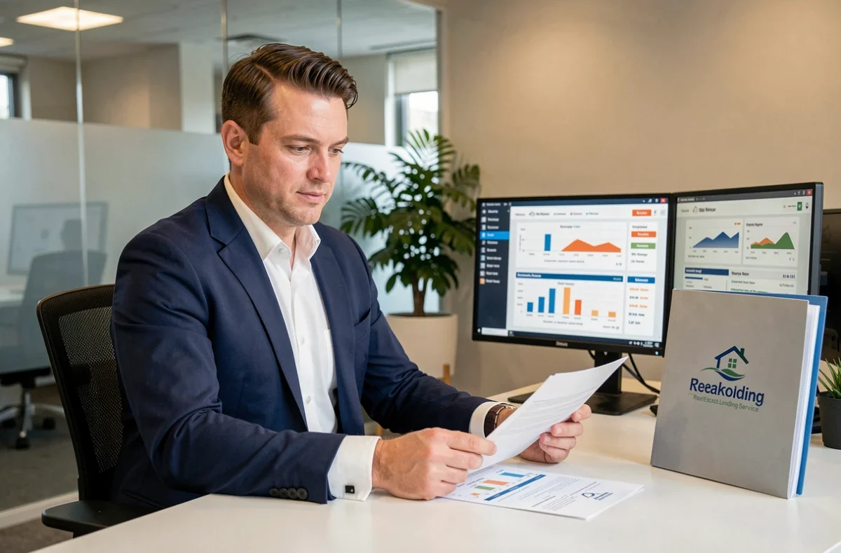 Conseiller en prêt immobilier Immoprêt présentant des offres de financement à un client dans un bureau professionnel