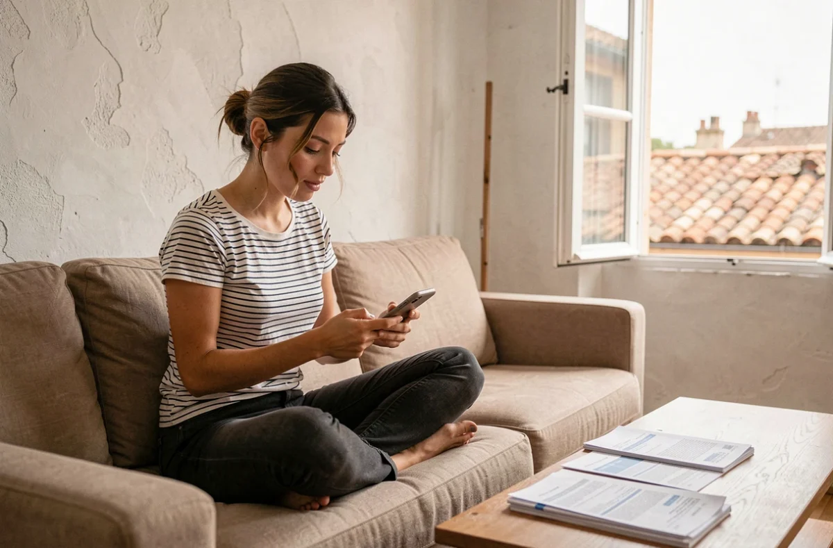 Jeune femme consultant des offres d'assurance habitation sur smartphone dans un appartement à Avignon