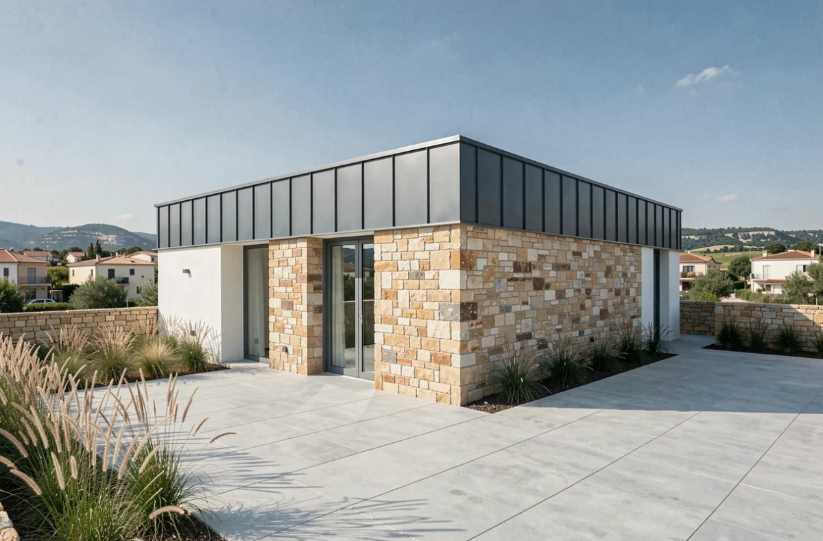 Maison individuelle au design architectural cubique construite par KOBA à Montpellier, avec toiture zinc, façade bicolore en enduit blanc et pierre naturelle