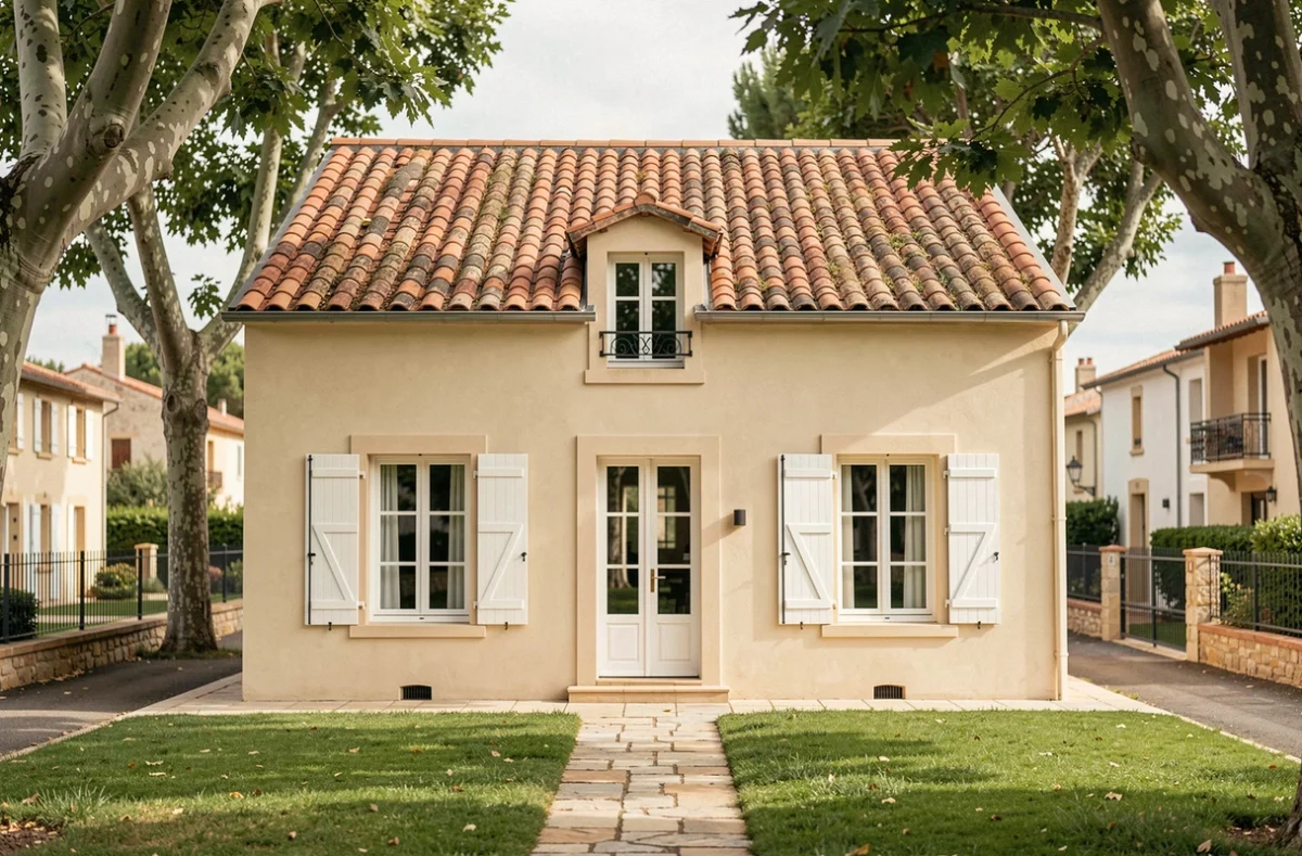 Maison individuelle classique construite par Maisons France Confort dans un quartier résidentiel de Montpellier, avec façade beige, volets blancs et toit en tuiles terracotta