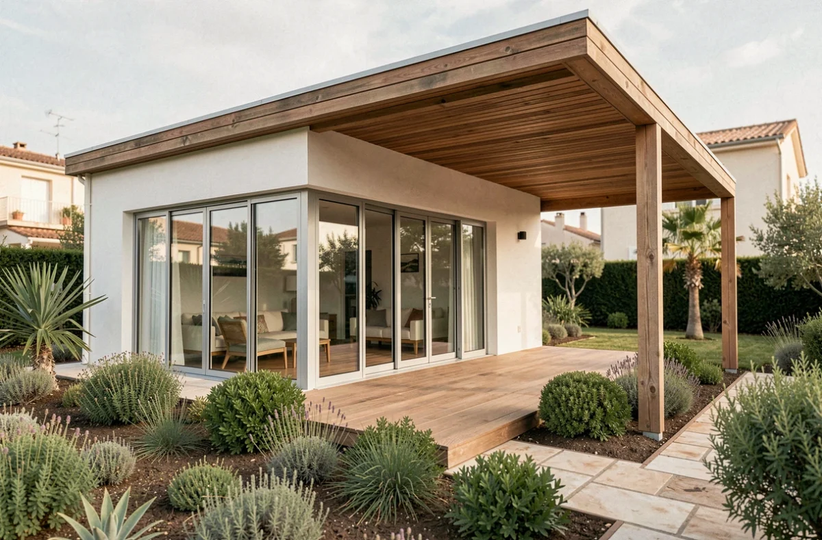 Maison individuelle moderne construite par Maisons KAMCI à Montpellier, avec façade blanche, grandes baies vitrées et terrasse couverte en bois