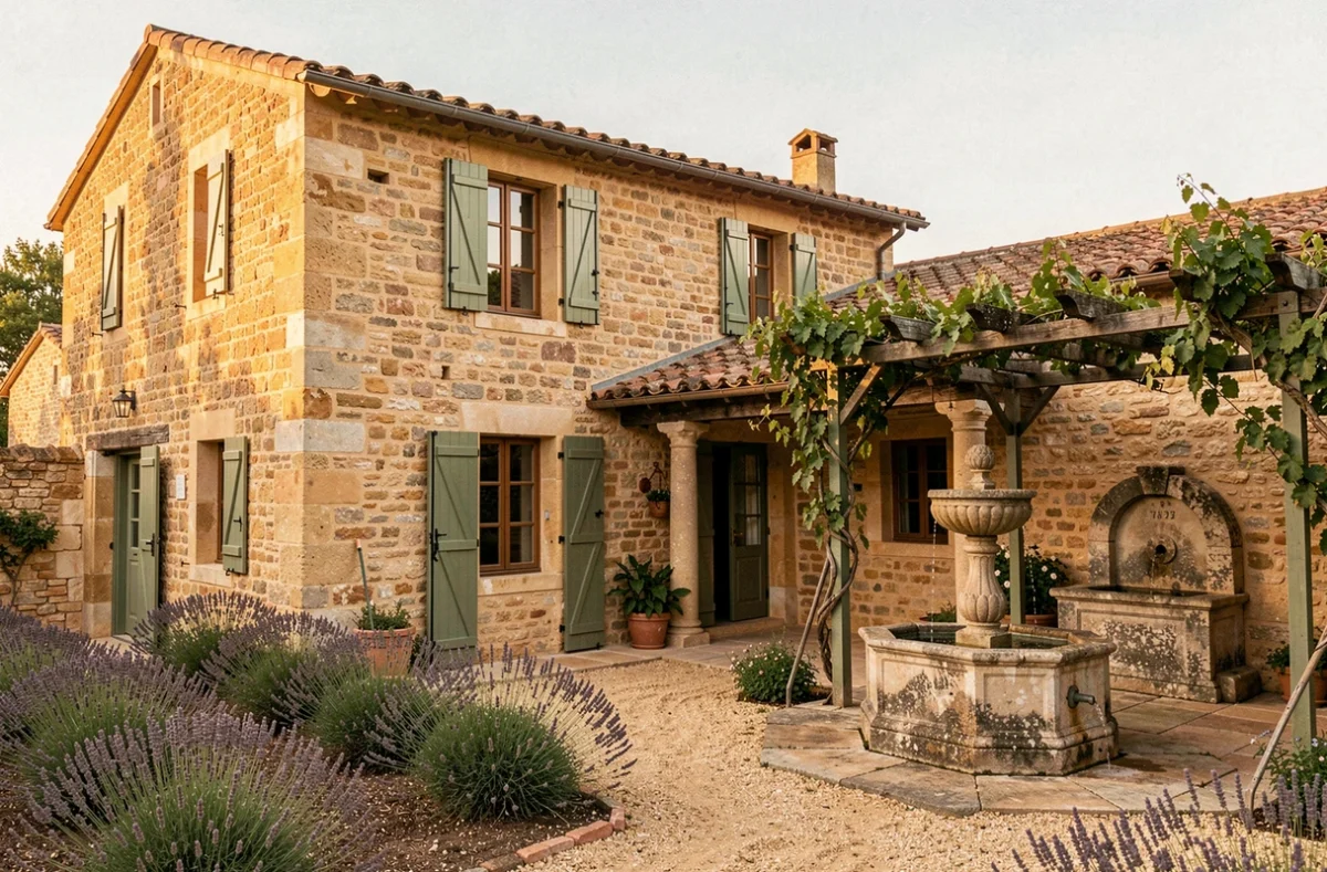 Maison de style mas occitan construite par Mas Occitan près de Montpellier, avec murs en pierre calcaire dorée, tuiles romaines et cour ombragée à la fontaine de pierre
