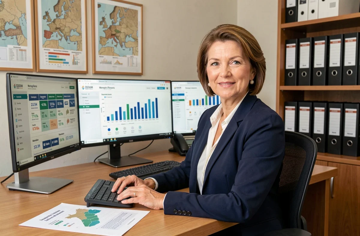 Conseillère Meilleurtaux analysant des tableaux comparatifs de taux de prêt immobilier sur plusieurs écrans dans un bureau professionnel