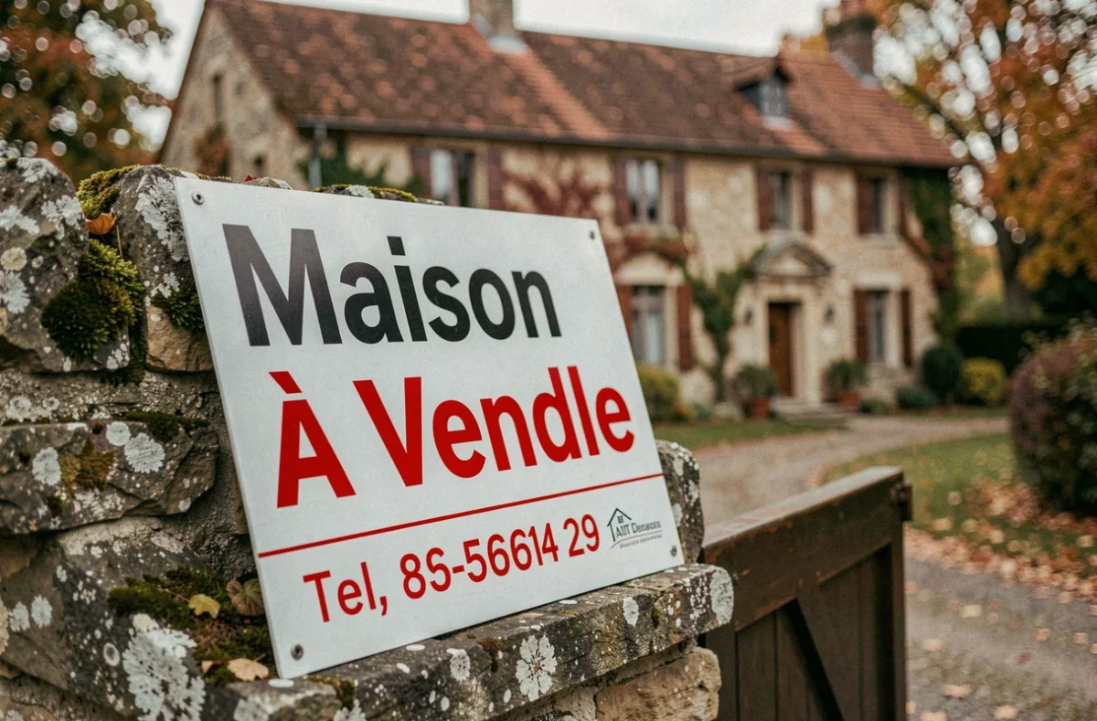 Panneau immobilier À Vendre en PVC appuyé contre un mur en pierre devant une maison de campagne française