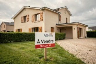 Panneau À Vendre planté dans le jardin d'une maison individuelle avec façade beige et volets en bois