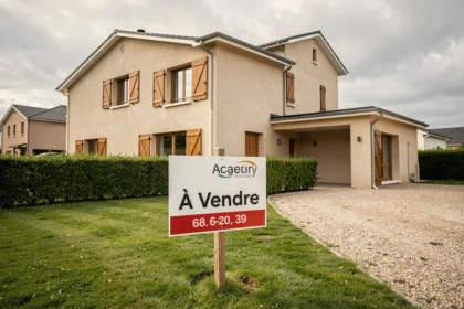 Panneau À Vendre planté dans le jardin d'une maison individuelle avec façade beige et volets en bois