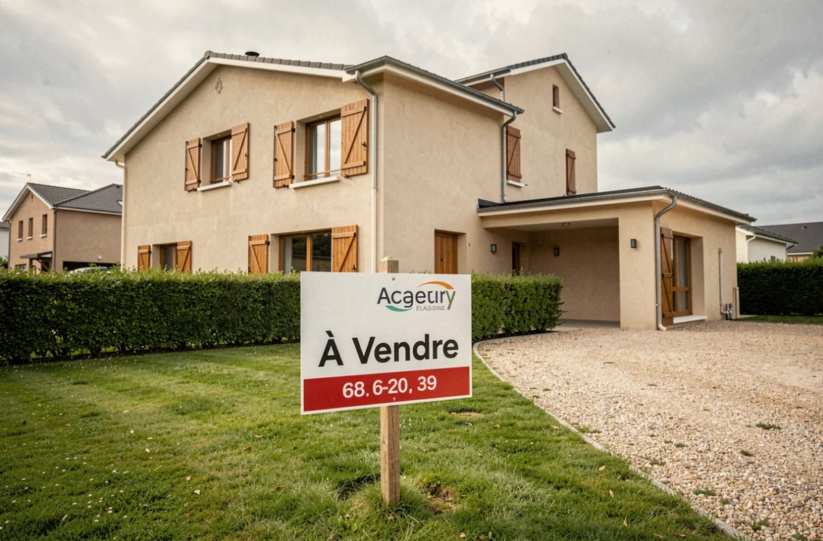 Panneau À Vendre planté dans le jardin d'une maison individuelle avec façade beige et volets en bois