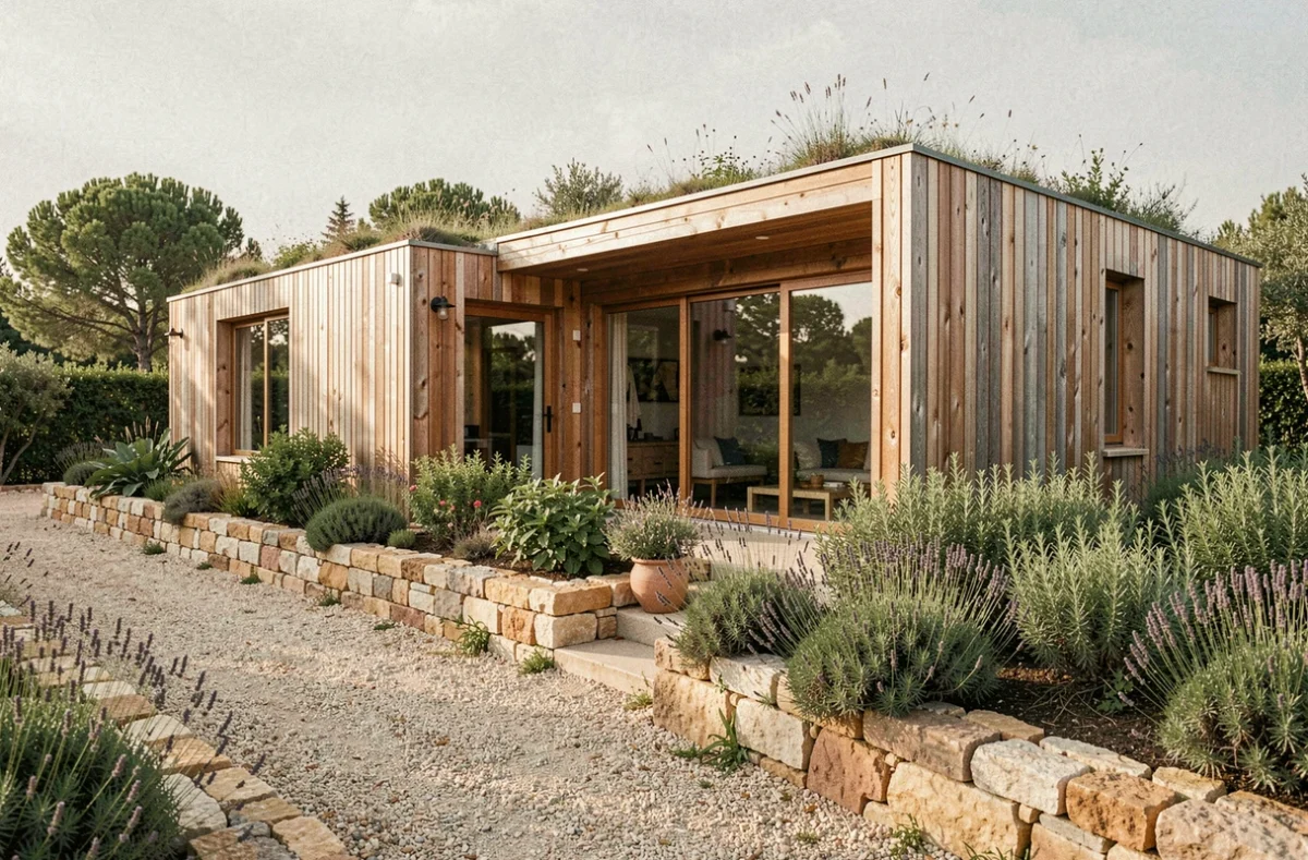 Maison écologique construite par Pieds Nus Habitat près de Montpellier, avec bardage bois, toiture végétalisée et jardin méditerranéen naturel