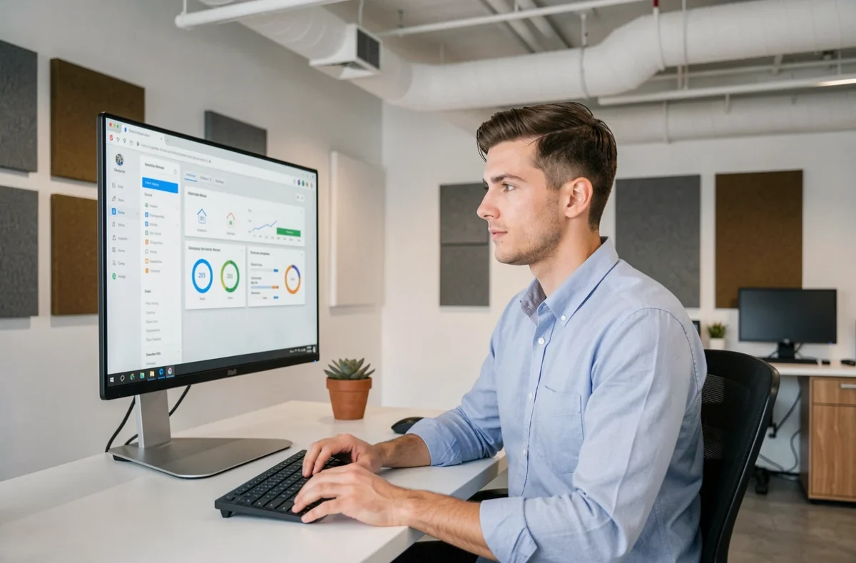 Conseiller Pretto utilisant une plateforme numérique de simulation de prêt immobilier dans un bureau moderne de style startup