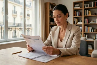 Propriétaire en copropriété lisant son contrat d'assurance multirisque habitation à son bureau