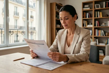 Propriétaire en copropriété lisant son contrat d'assurance multirisque habitation à son bureau