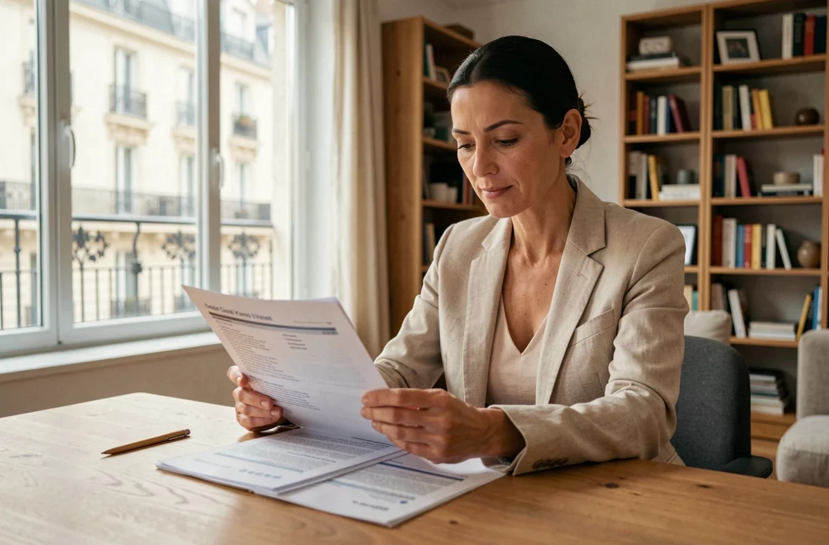 Propriétaire en copropriété lisant son contrat d'assurance multirisque habitation à son bureau