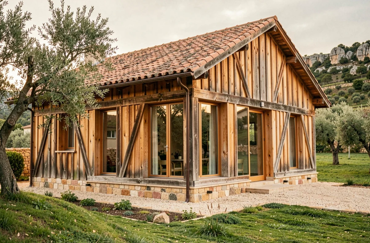 Maison à ossature bois construite par RCBOIS aux alentours de Montpellier, avec charpente apparente, grandes fenêtres et façade en bois naturel