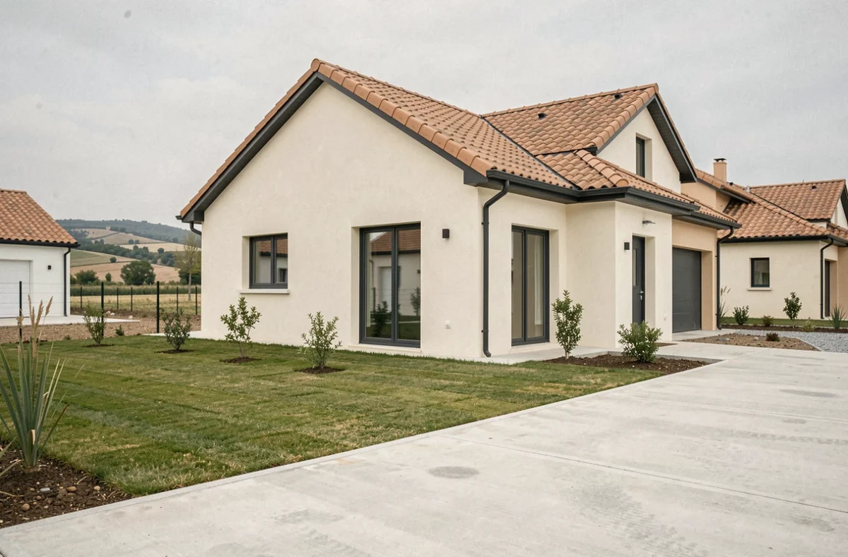 Maison contemporaine à double pente construite par Sedipec dans un lotissement de la périphérie de Montpellier, avec façade créme et grandes fenêtres aluminium