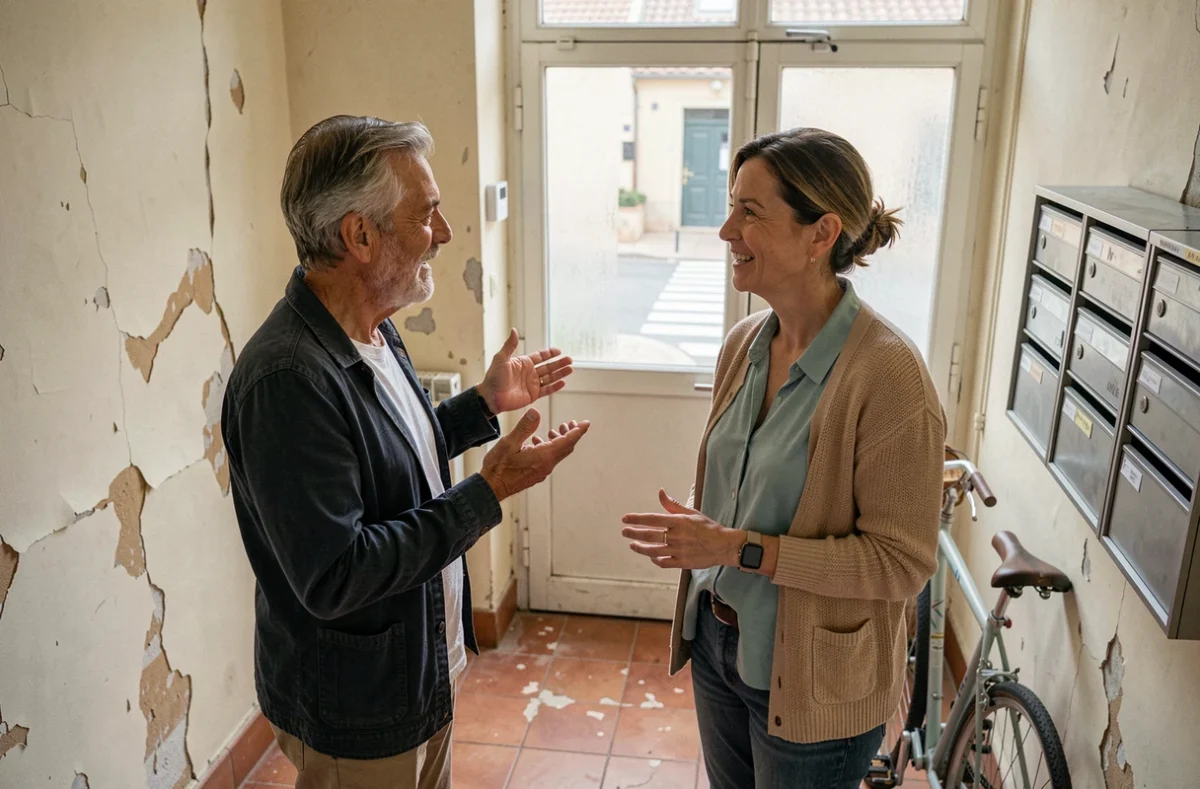Deux voisins échangeant des avis sur leur quartier Montpellier dans le couloir d'un immeuble résidentiel