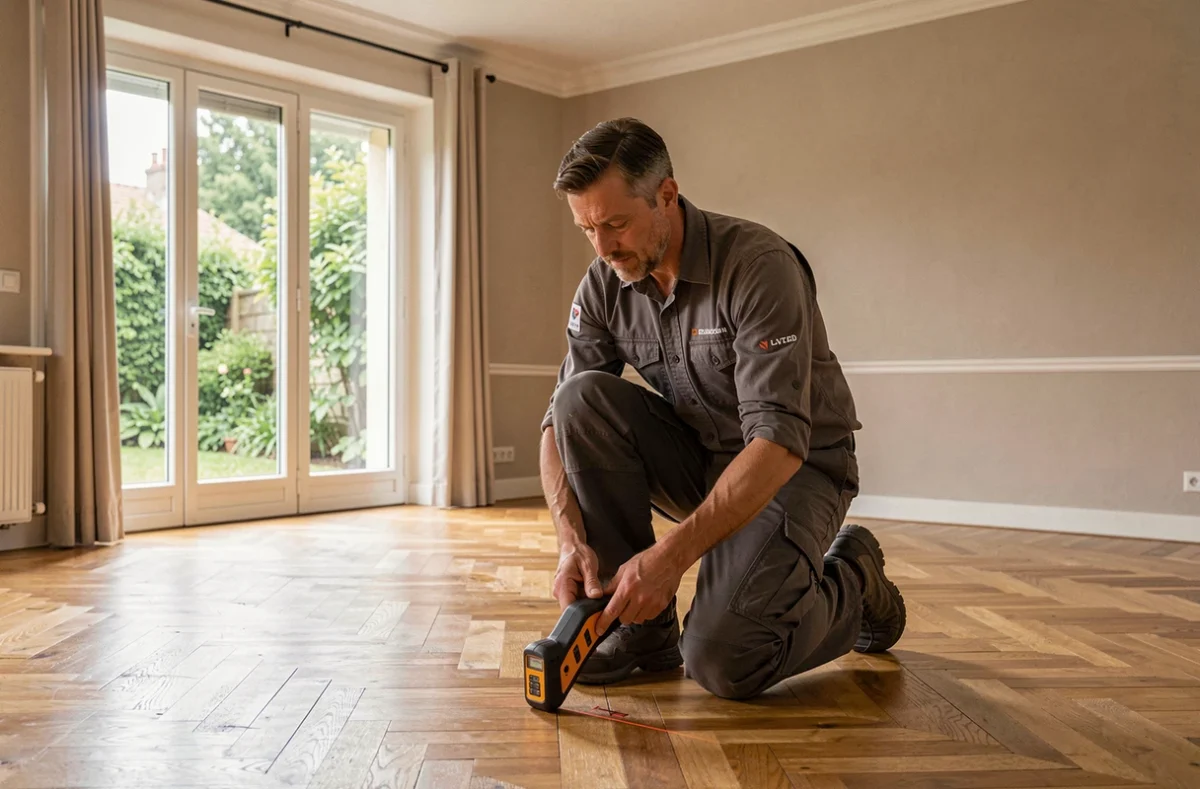Diagnostiqueur immobilier mesurant une pièce avec un télémètre laser dans un appartement français pour Zago Dominique Sarl