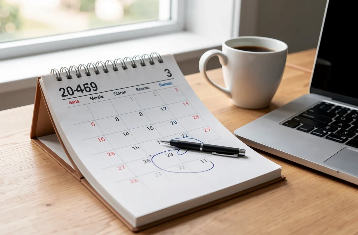 Calendrier avec une date entourée à côté d'un ordinateur portable